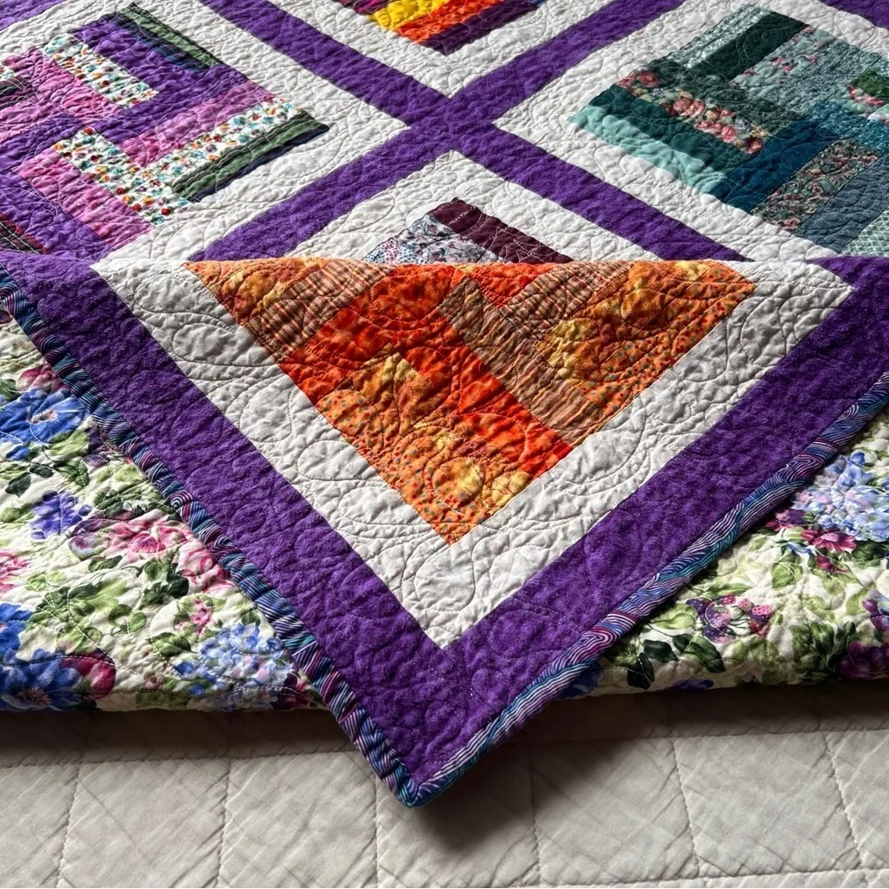 Handmade Patchwork Quilt Throw 50” x 50” Lap Blanket Purple.